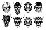Skulls in biker helmets set. Motorcyclist hats with horns and glasses, monochrome vintage rock symbols. Vector illustration collection for tattoo templates, bikers club emblems