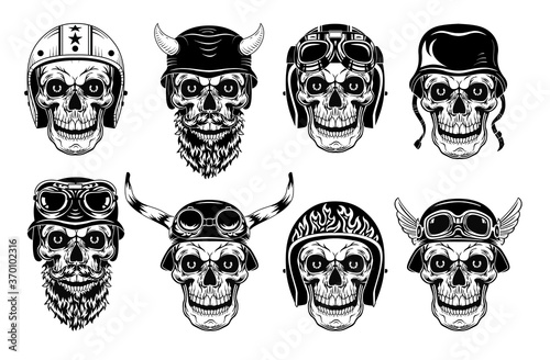 Skulls in biker helmets set. Motorcyclist hats with horns and glasses, monochrome vintage rock symbols. Vector illustration collection for tattoo templates, bikers club emblems