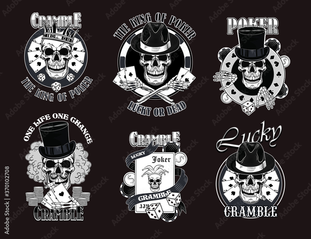 Gangster casino skulls set. Vintage logotypes, stickers, prints with