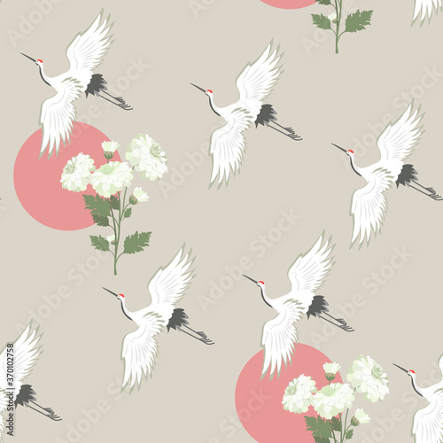 Seamless vector illustration with birds cranes and chrysanthemum