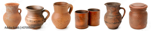 Set ceramic jugs, pots and cups isolated on white