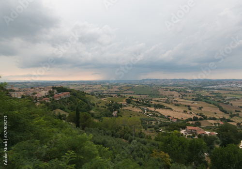 Panoramic view from Recanati  city of the infinity  with summer storm in the Marche region