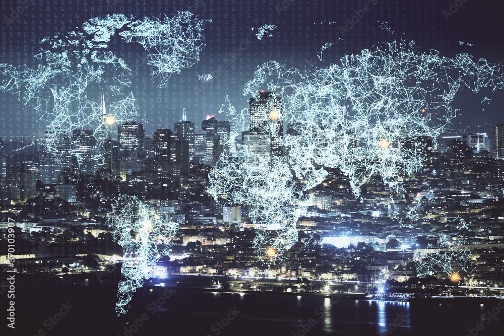 Multi exposure of social network theme drawing and cityscape background. Concept of people connecton.