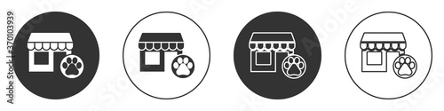 Black Veterinary medicine hospital, clinic or pet shop for animals icon isolated on white background. Vet or veterinarian clinic. Circle button. Vector.