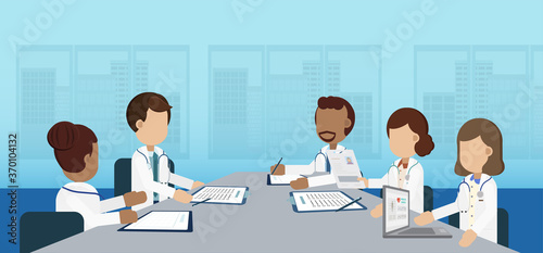 Doctor conference concept with group of doctors discuss flat design vector illustration