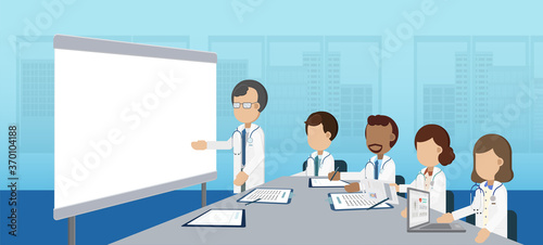 Doctor conference concept with group of doctors discuss flat design vector illustration