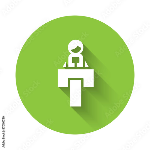 White Stage stand or debate podium rostrum icon isolated with long shadow. Conference speech tribune. Green circle button. Vector.