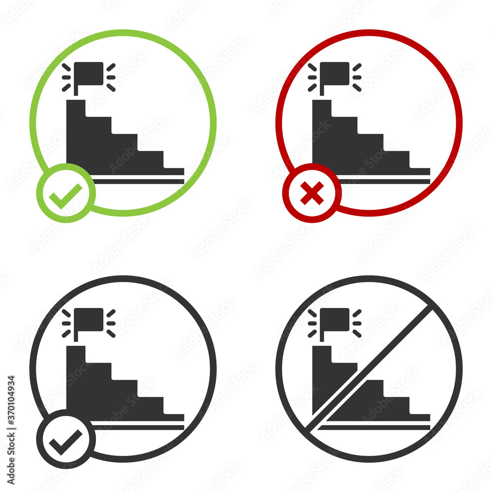 Black Stair with finish flag icon isolated on white background. Career growth business concept. Concept of business development. Circle button. Vector. Black Stair with finish flag icon isolated on white background. Career growth business concept. Concept of business development. Circle button. Vector.