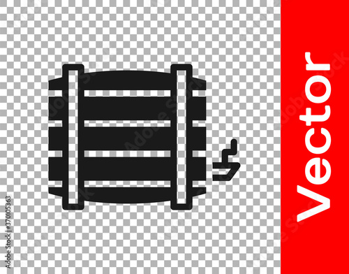 Black Wooden barrel icon isolated on transparent background. Alcohol barrel, drink container, wooden keg for beer, whiskey, wine. Vector.