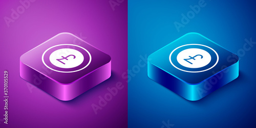 Isometric Coin money with pound sterling symbol icon isolated on blue and purple background. Banking currency sign. Cash symbol. Square button. Vector.