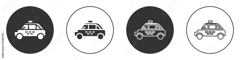Black Taxi car icon isolated on white background. Circle button. Vector. Black Taxi car icon isolated on white background. Circle button. Vector.