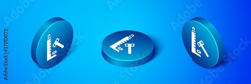 Isometric High striker attraction with big hammer icon isolated on blue background. Attraction for measuring strength. Amusement park. Blue circle button. Vector.