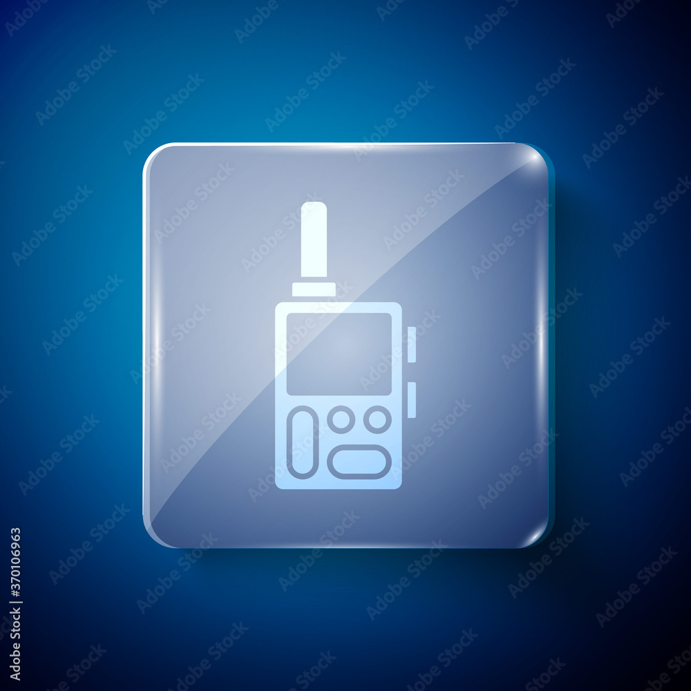 White Walkie talkie icon isolated on blue background. Portable radio transmitter icon. Radio transceiver sign. Square glass panels. Vector. White Walkie talkie icon isolated on blue background. Portable radio transmitter icon. Radio transceiver sign. Square glass panels. Vector.