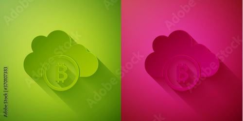 Paper cut Cryptocurrency cloud mining icon isolated on green and pink background. Blockchain technology, bitcoin, digital money market, cryptocoin wallet. Paper art style. Vector.