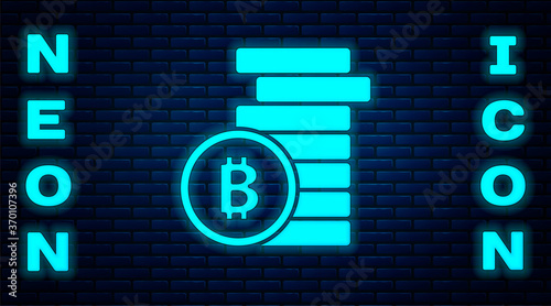 Glowing neon Cryptocurrency coin Bitcoin icon isolated on brick wall background. Physical bit coin. Blockchain based secure crypto currency. Vector.