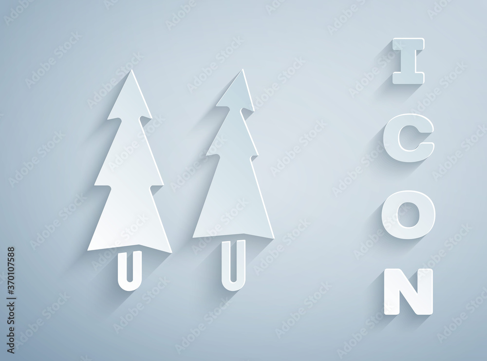 Paper cut Christmas tree icon isolated on grey background. Merry Christmas and Happy New Year. Paper art style. Vector. Paper cut Christmas tree icon isolated on grey background. Merry Christmas and Happy New Year. Paper art style. Vector.