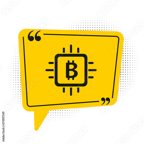 Black CPU mining farm icon isolated on white background. Bitcoin sign inside processor. Cryptocurrency mining community. Digital money. Yellow speech bubble symbol. Vector.