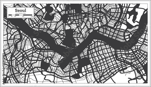 Seoul South Korea City Map in Black and White Color in Retro Style.