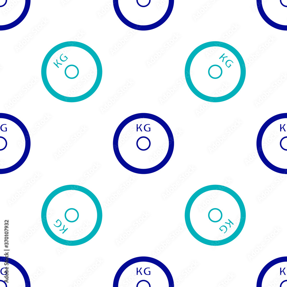 Blue Weight plate icon isolated seamless pattern on white background. Equipment for bodybuilding sport, workout exercise and fitness. Vector. Blue Weight plate icon isolated seamless pattern on white background. Equipment for bodybuilding sport, workout exercise and fitness. Vector.