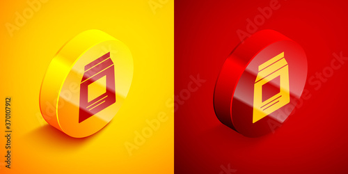 Isometric Sports nutrition bodybuilding proteine power drink and food icon isolated on orange and red background. Circle button. Vector.