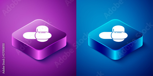 Isometric Sports nutrition bodybuilding proteine power drink and food icon isolated on blue and purple background. Square button. Vector.