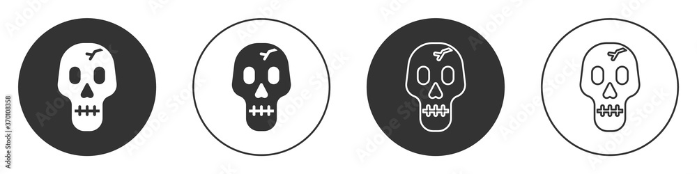 Black Skull icon isolated on white background. Happy Halloween party. Circle button. Vector.