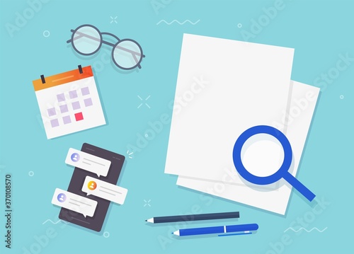 Paper sheet research documents blank empty for copy space text, audit workplace table desk top view, clean pages flat lay desktop vector illustration, concept of education or learning workspace
