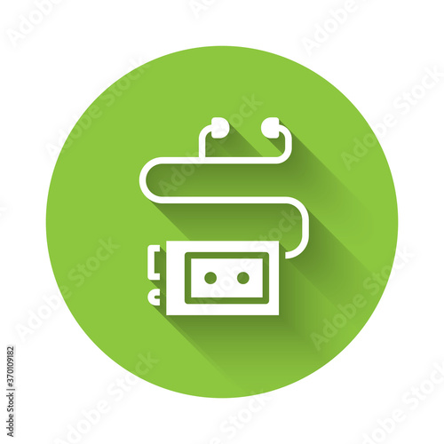 White Museum audio guide icon isolated with long shadow. Headphones for excursions. Green circle button. Vector.