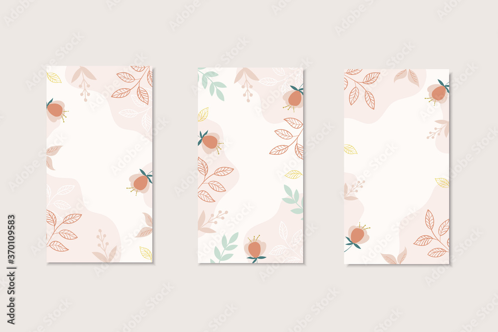Botanical card templates in modern style with copy space for text. Flayer design with leaves and flovers. Botanical social media templates.