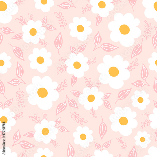 Botanical seamless pattern with flowers on pastel pink background. Leaves and flowers wallpapers. Florals background.
