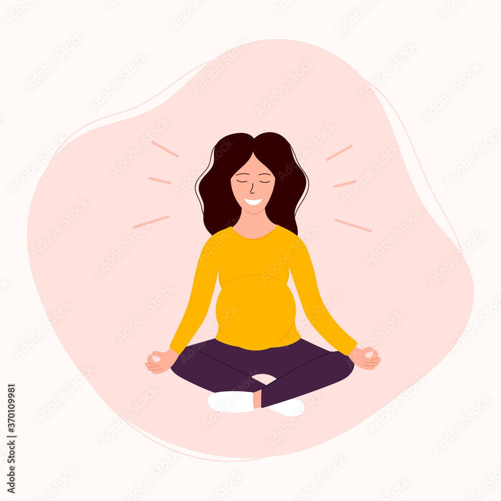 Happy pregnant woman sitting in yoga pose. Meditation for pregnant woman.