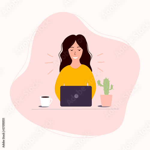 Woman with laptop,coffe cup and cactus.Work at home. Woman sending email.