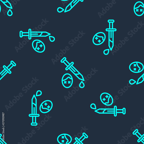 Green line Sword with blood icon isolated seamless pattern on blue background. Medieval weapons knight and soldier. Symbol of murder. Vector.