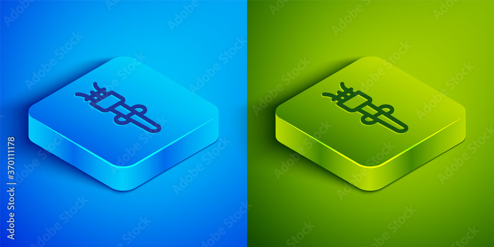 Isometric line Torch flame icon isolated on blue and green background. Symbol fire hot, flame power, flaming and heat. Square button. Vector. Isometric line Torch flame icon isolated on blue and green background. Symbol fire hot, flame power, flaming and heat. Square button. Vector.