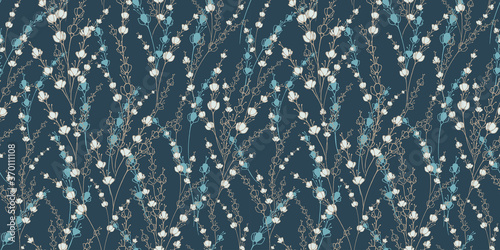 Botanical pattern - white blossoms on blue