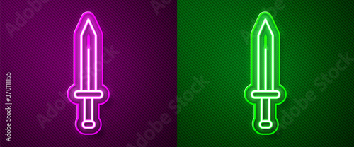 Glowing neon line Medieval sword icon isolated on purple and green background. Medieval weapon. Vector.