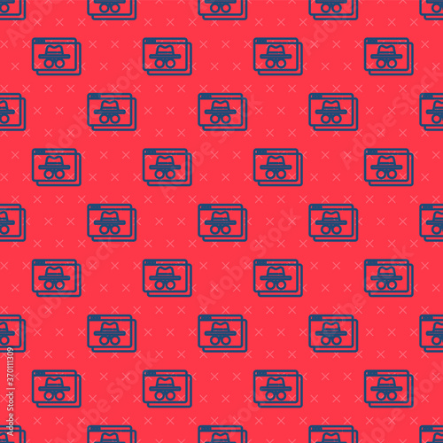 Blue line Browser incognito window icon isolated seamless pattern on red background. Vector.