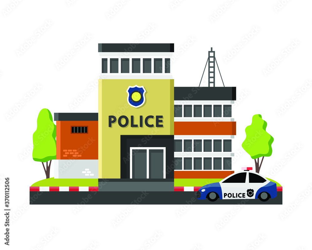 Police station in simple flat style isolated on white background, Building or construction concept.