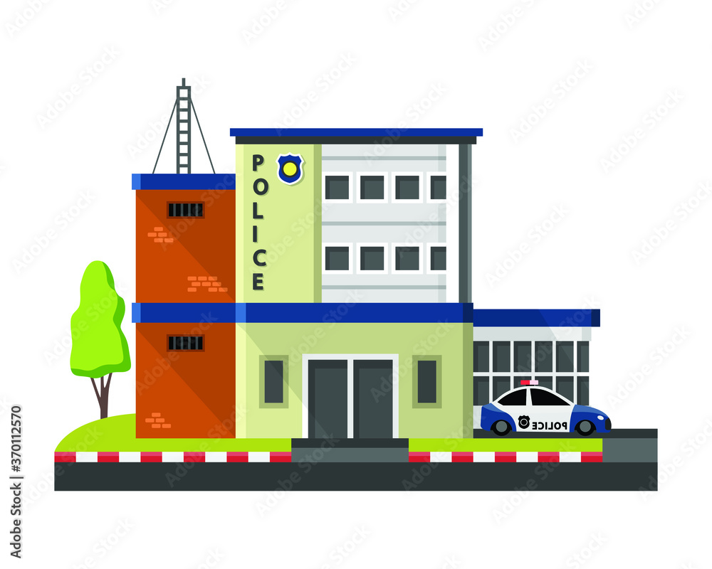 Police station in simple flat style isolated on white background, Building or construction concept.