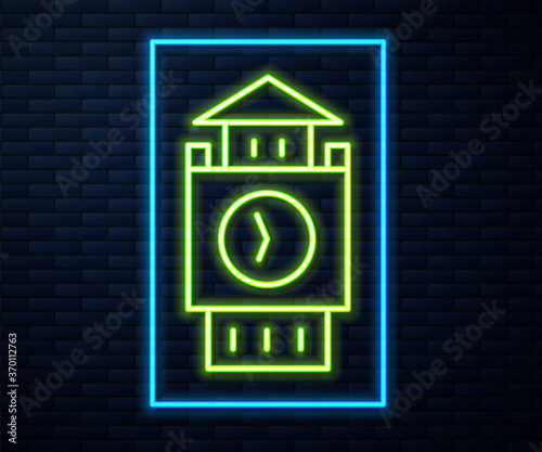 Glowing neon line Big Ben tower icon isolated on brick wall background. Symbol of London and United Kingdom. Vector.