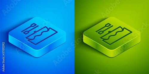 Isometric line Boat with oars icon isolated on blue and green background. Water sports, extreme sports, holiday, vacation, team building. Square button. Vector.