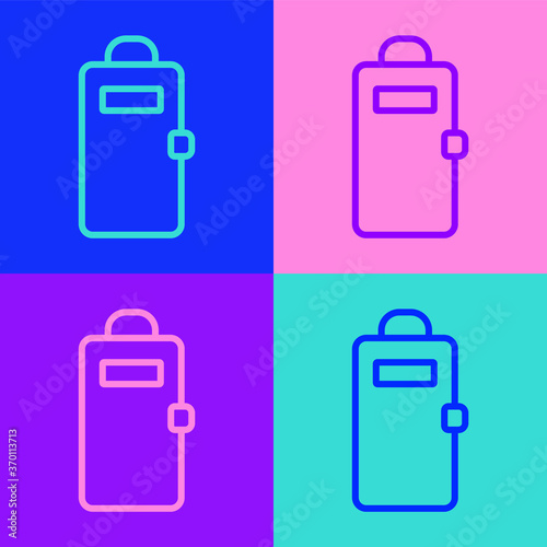 Pop art line Police assault shield icon isolated on color background. Vector.