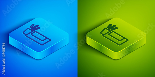 Isometric line Pepper spray icon isolated on blue and green background. OC gas. Capsicum self defense aerosol. Square button. Vector.