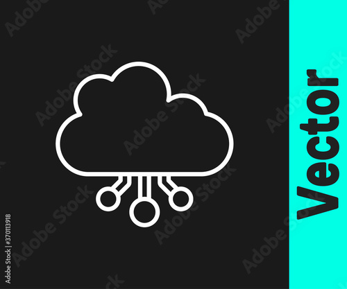 White line Cryptocurrency cloud mining icon isolated on black background. Blockchain technology, bitcoin, digital money market, cryptocoin wallet. Vector.