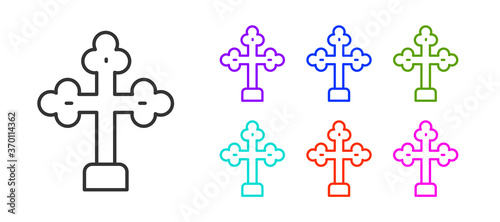 Black line Christian cross icon isolated on white background. Church cross. Set icons colorful. Vector.