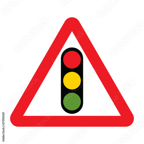 Traffic signal light road sign. Red triangle warning road sign with traffic light inside. Vector illustration.