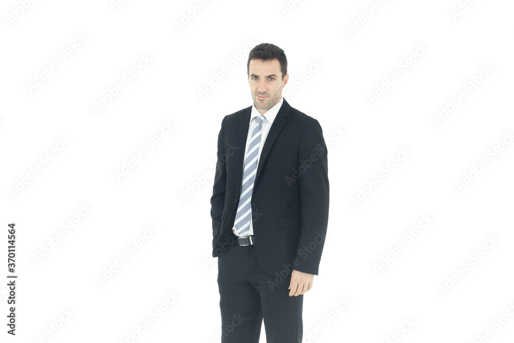 Handsome and smart businessman in black suit isolated on white background. Business and Finance concept. Copy Space Handsome and smart businessman in black suit isolated on white background. Business and Finance concept. Copy Space