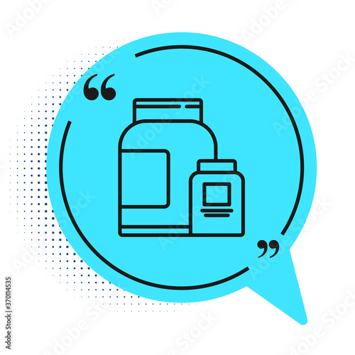 Black line Sports nutrition bodybuilding proteine power drink and food icon isolated on white background. Blue speech bubble symbol. Vector.