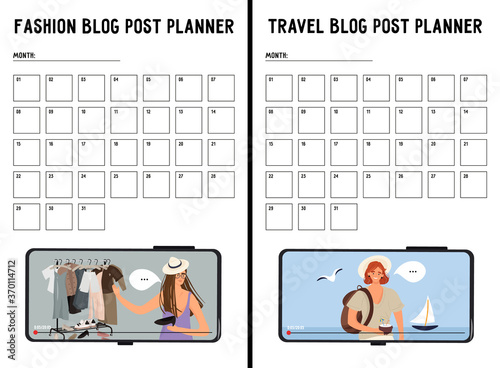 Set of vector travel and fashion blog post planners with month grid and place for notes. Vector flat illustration in cartoon style. Planners with a video clip on a smartphone with girls bloggers.