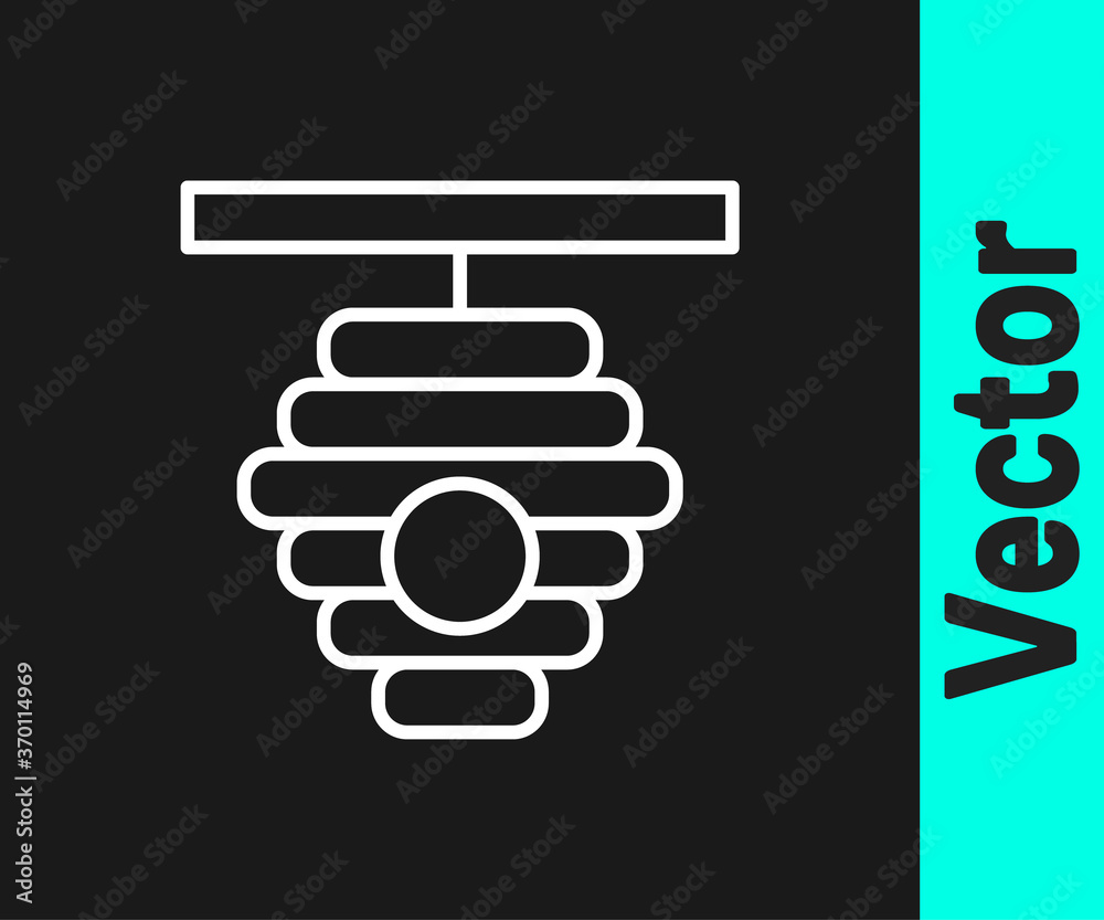 White line Hive for bees icon isolated on black background. Beehive symbol. Apiary and beekeeping. Sweet natural food. Vector. White line Hive for bees icon isolated on black background. Beehive symbol. Apiary and beekeeping. Sweet natural food. Vector.